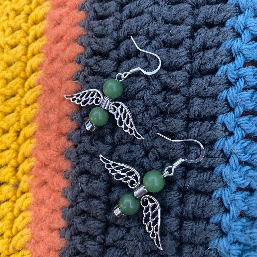 Silver and Green Beaded Wing Earrings- handmade